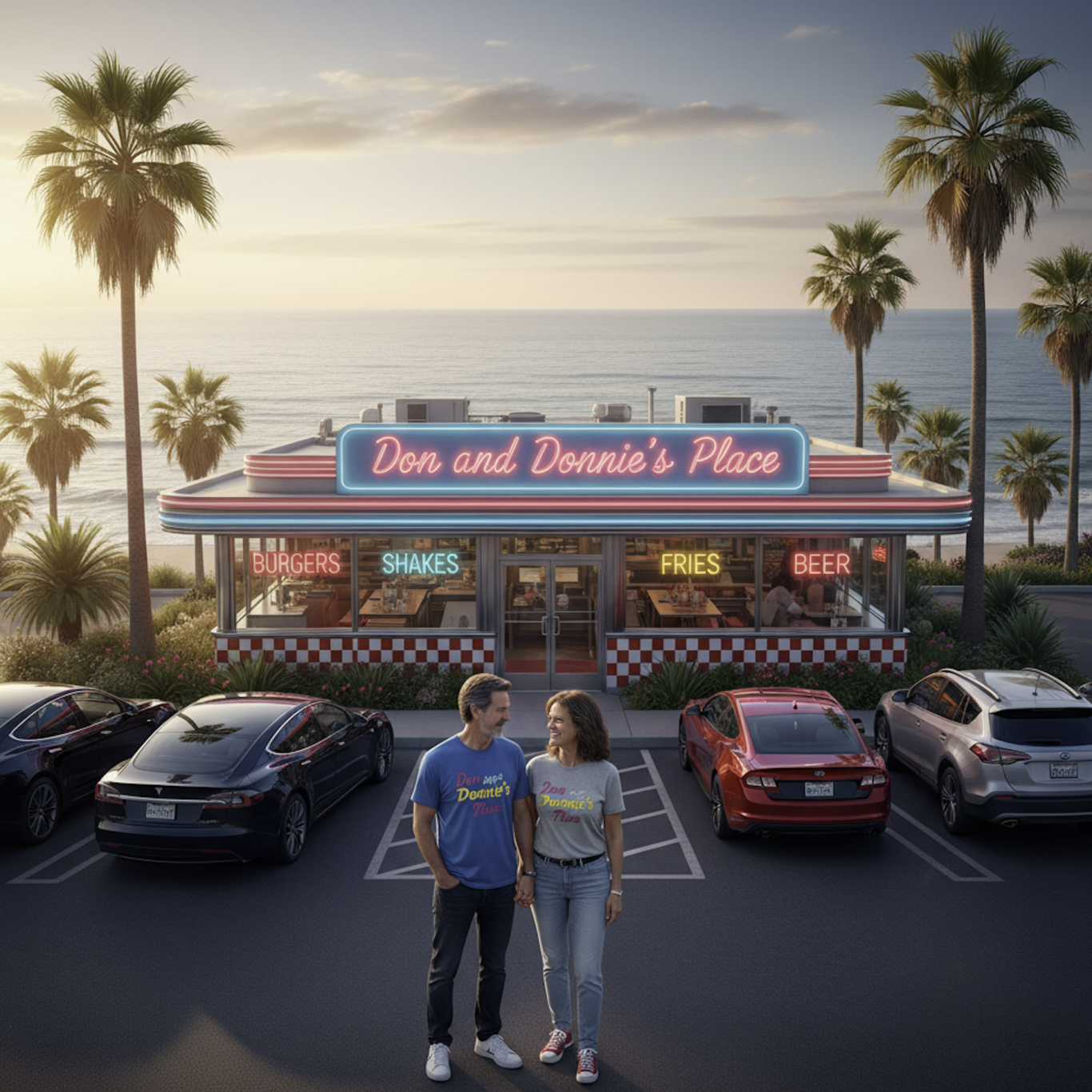 Gemini interpretation: a couple in front of a seaside diner in soft evening light
