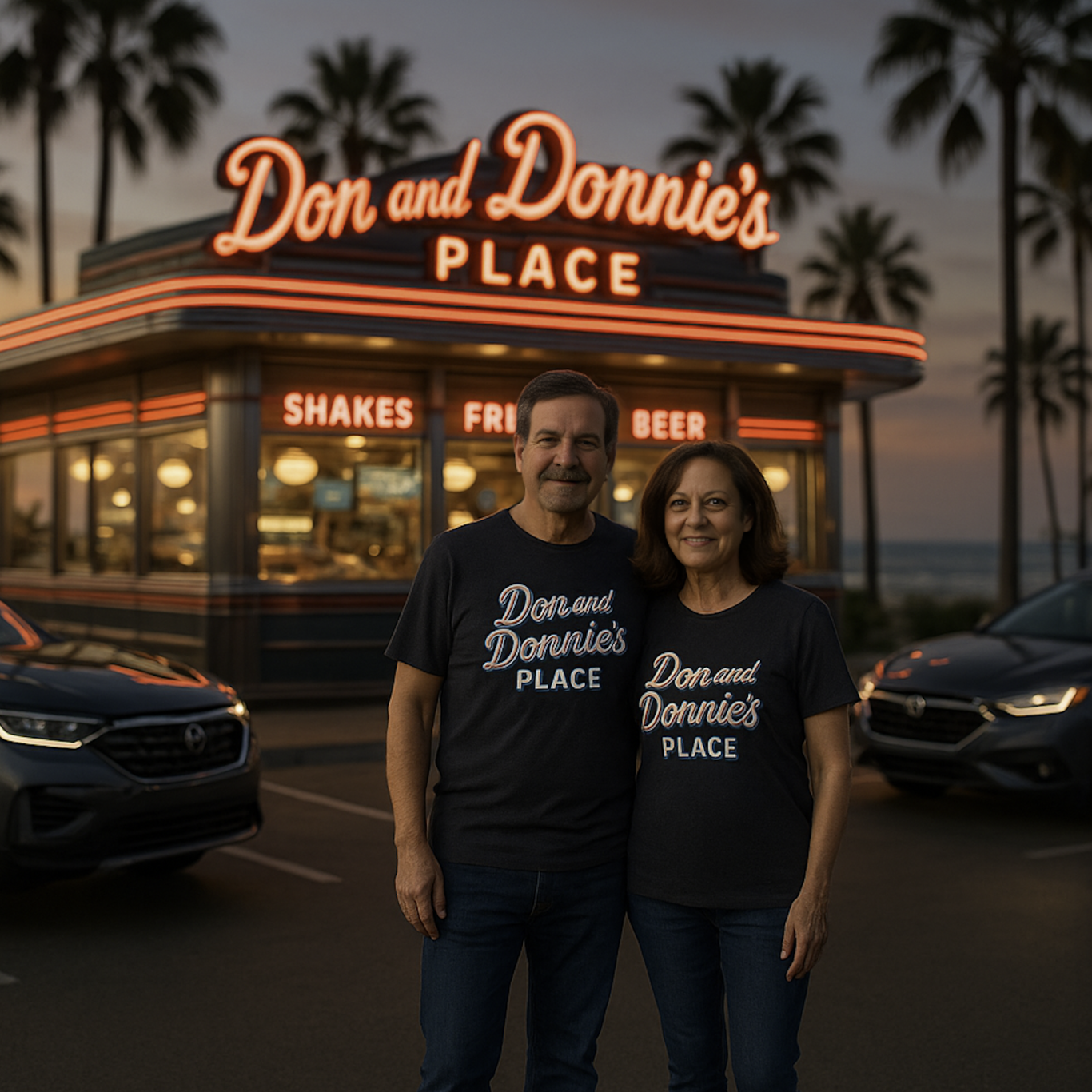 OpenAI interpretation: a closer portrait of the couple under warm diner neon